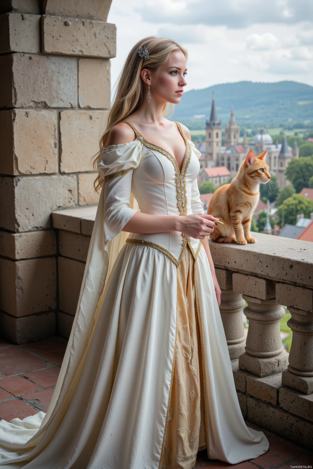 Realistic high quality photo. Regal 32‑year‑old woman with flowing blonde hair and striking blue eyes, wearing an elegant white‑gold tailored gown and a sparkling diamond necklace, stands upright on a medieval castle balcony overlooking a smoky courtyard after a dragon debate, holding a quill while a disciplined cat sits beside her, gazing at the distant horizon of the kingdom.