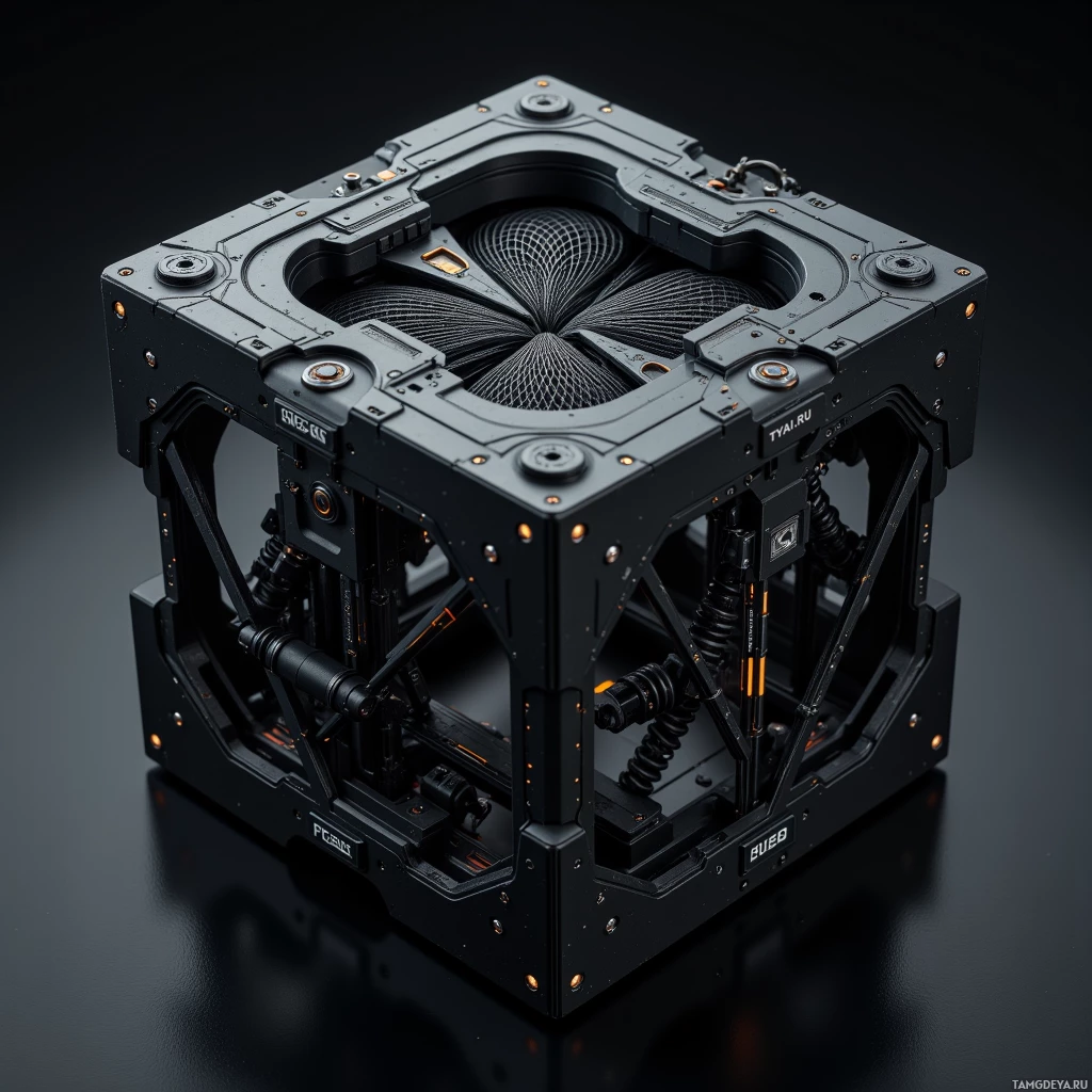 Semi-abstract image with many light, that is suitable for the post:  A sleek black parachute pod folded into a 4‑inch cube, featuring a glass‑fiber frame, matte black exterior, integrated AI control circuitry, auto‑inflating airbags, a subtle GPS jammer emitter, and a collapsible canopy mesh ready to deploy.