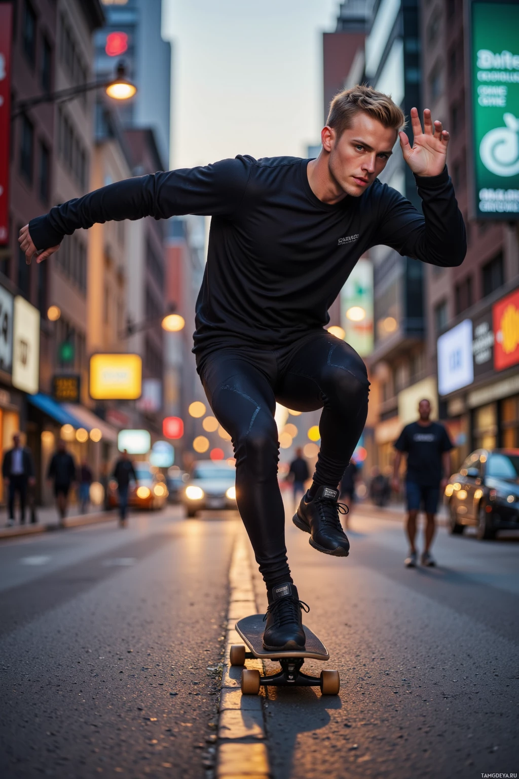 Realistic high quality photo. 27‑year‑old athletic blonde man with short hair and blue eyes in modern workout gear skateboards on a lively city street at dusk, leaping over a curb as the evening lights pulse around him.