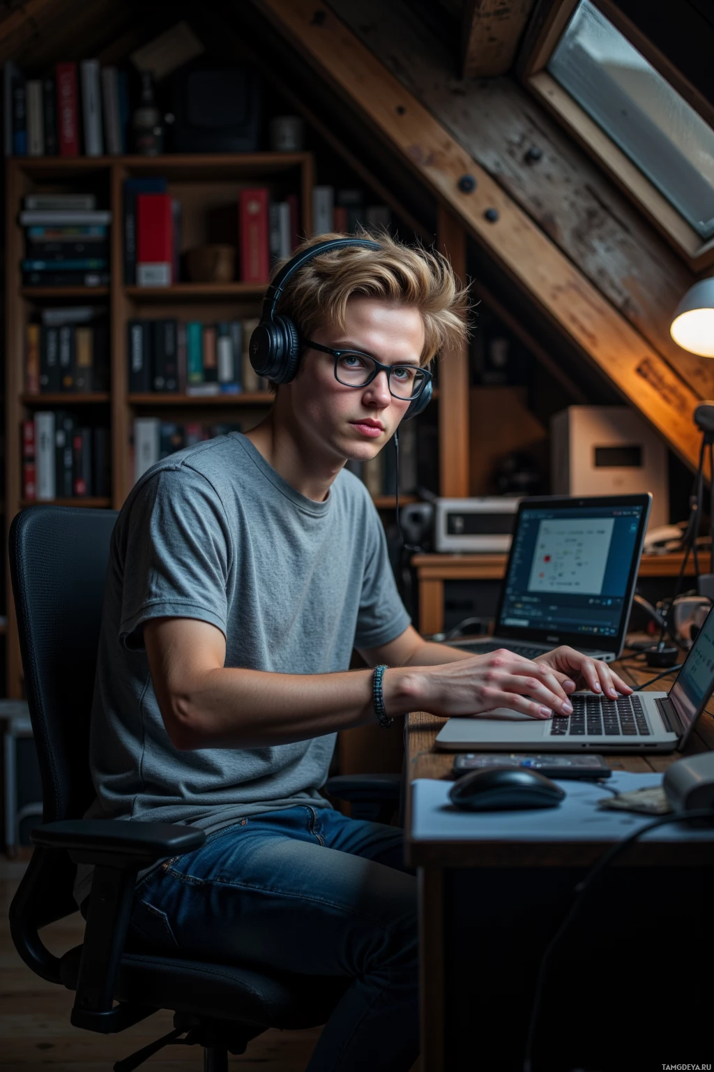Человек в наушниках работает на ноутбуке в уютной комнате, заставленной книгами.