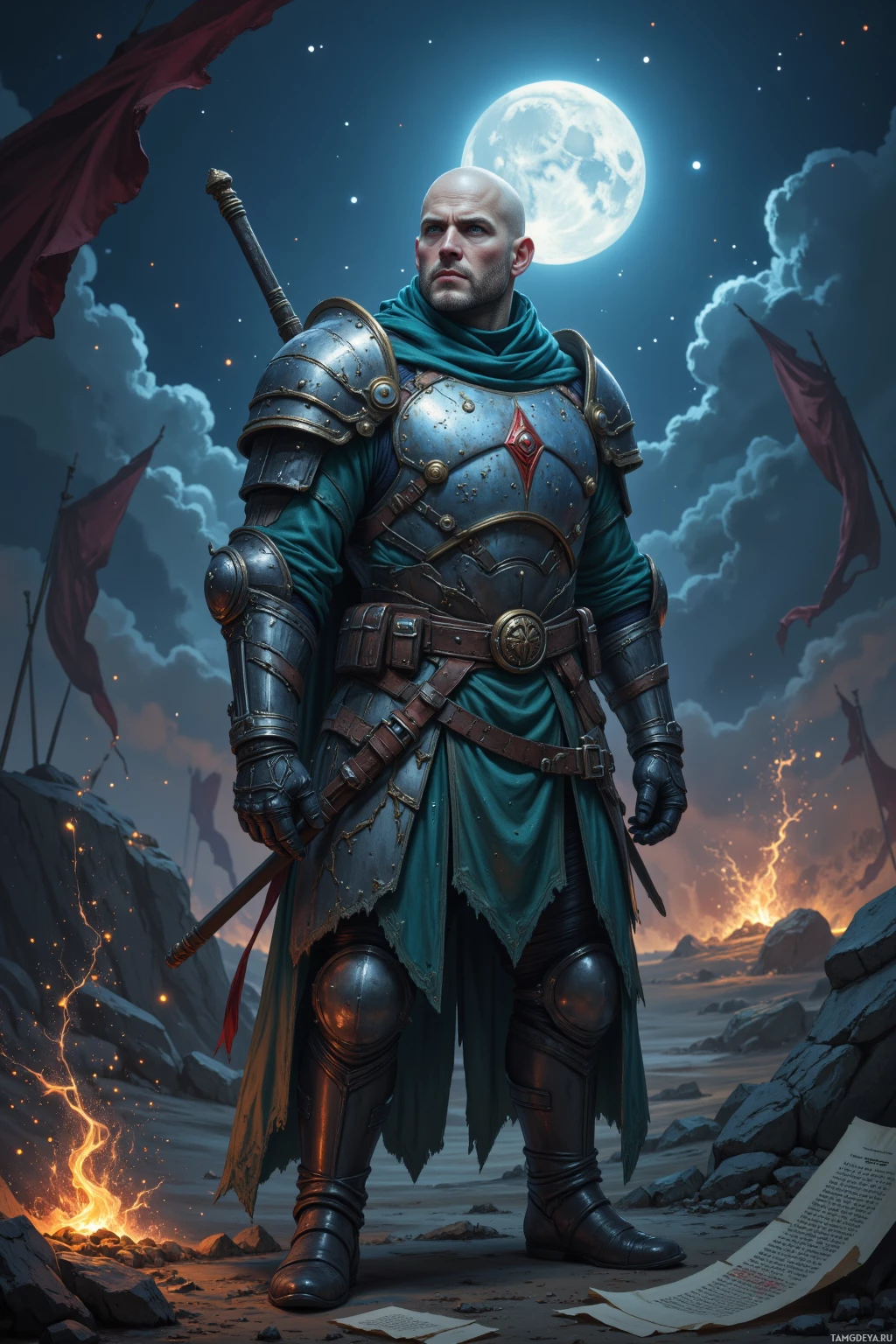 Realistic high quality photo. Male commander, 34, shaved head, pale skin, intense blue eyes, wearing battle-worn armor with dark green accents and worn leather gloves, stands alone on a moonlit battlefield with banners whipping in the wind as he counts each whisper like tactical moves, inked parchment spread beside him while sparks from a rogue mage's spell crackle in the distance, stoic yet weary expression with a dry smile echoing loneliness under star‑filled sky.