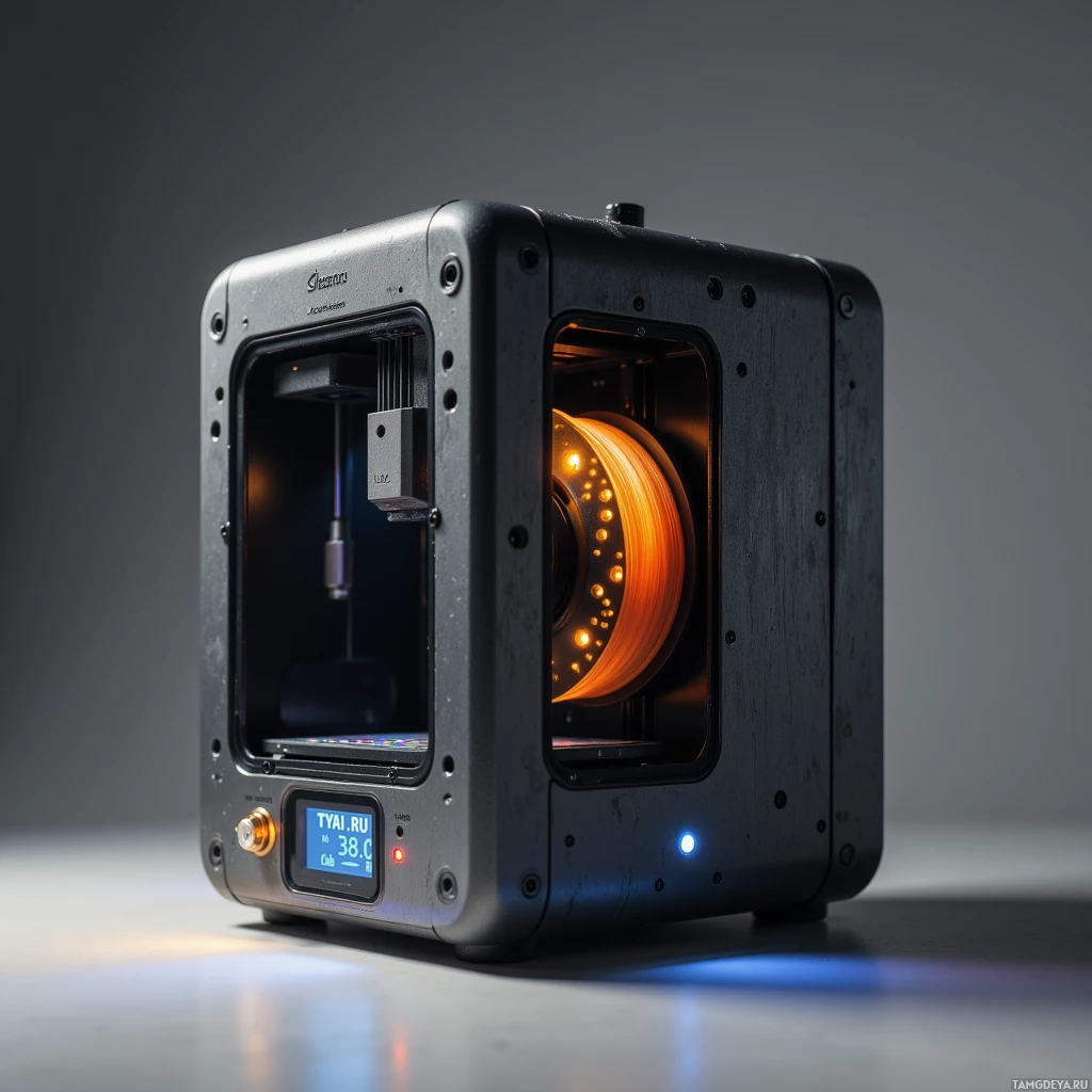 Semi-abstract image with many light, that is suitable for the post:  compact pocket‑sized 3D printer with a brutalist steel chassis, matte gray metal body, exposed spool and nozzle, tiny OLED readout screen glowing with digits, built‑in temperature sensor indicator, USB drive form factor, industrial minimalist design.