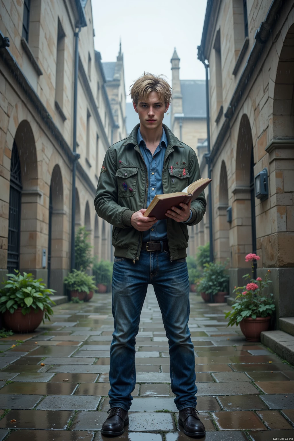 Realistic high quality photo. 16‑year‑old man with messy wet blonde hair, pale skin, blue eyes cast downward, wearing a raindrop‑patterned jacket and worn jeans, standing at the edge of an old stone courtyard under gray skies, holding a sketchbook as rain drips over the stones.