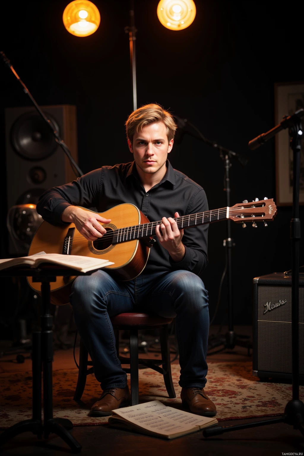 Realistic high quality photo. A 28‑year‑old man with medium blonde hair and bright blue eyes, wearing a fitted shirt and jeans, sits in a dim studio at night illuminated by warm studio lights, tracing chords on worn sheet music while an amp hums softly beside his acoustic guitar, his face reflecting focused passion.