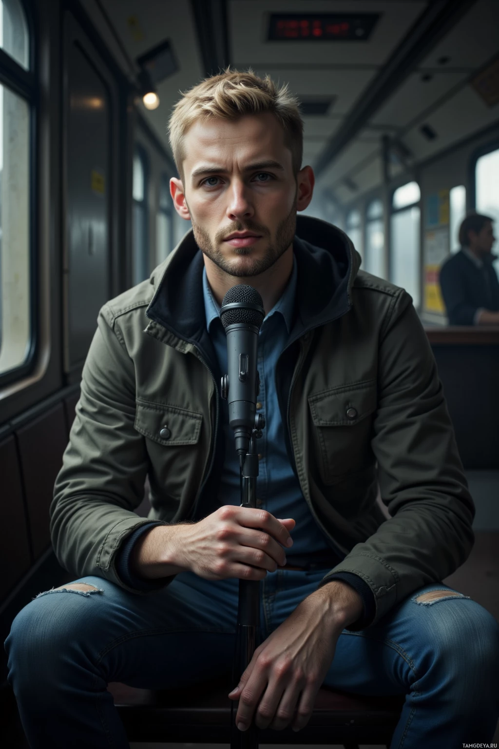 Realistic high quality photo. Short-haired blonde 34-year-old man in a casual jacket over jeans sits at a makeshift karaoke mic in a dim abandoned metro, night, mysterious mood.