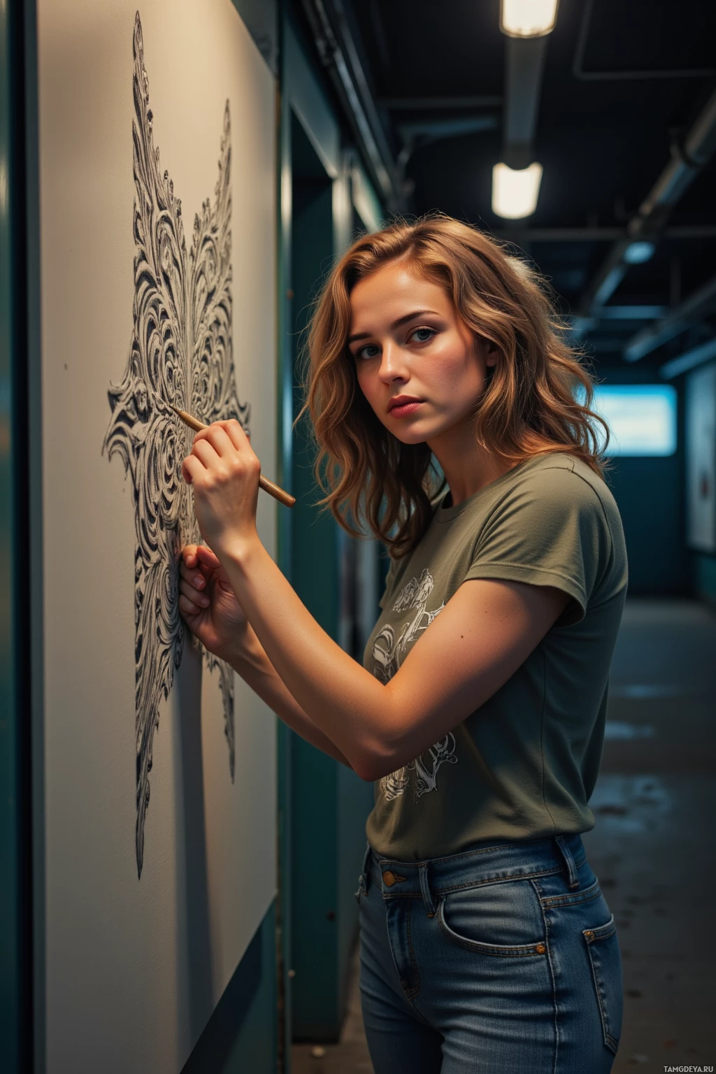 Человек рисует замысловатые узоры на стене в коридоре.