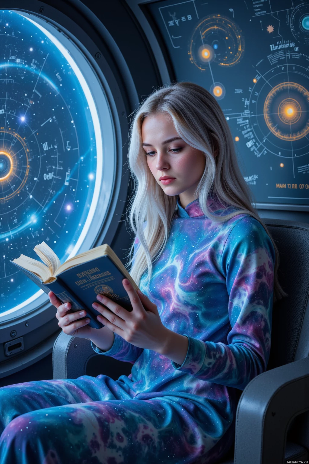 Человек в космическом костюме читает книгу на борту футуристического звездолета.