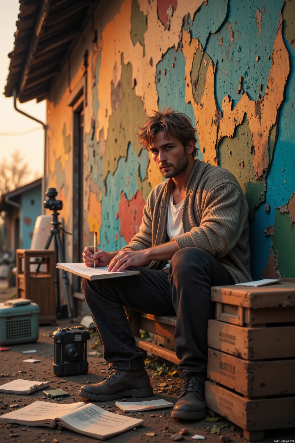 Realistic high quality photo. A 33‑year‑old man with light brown messy hair, green eyes, fair skin, wearing a soft cardigan and worn corduroy pants, sits on a wooden bench in front of a faded mural at dusk, sketching the chipped paint with a pencil, surrounded by scattered notebooks, a small camera on a tripod, old crates and a cardboard box, warm orange light casting long shadows across the cluttered scene.