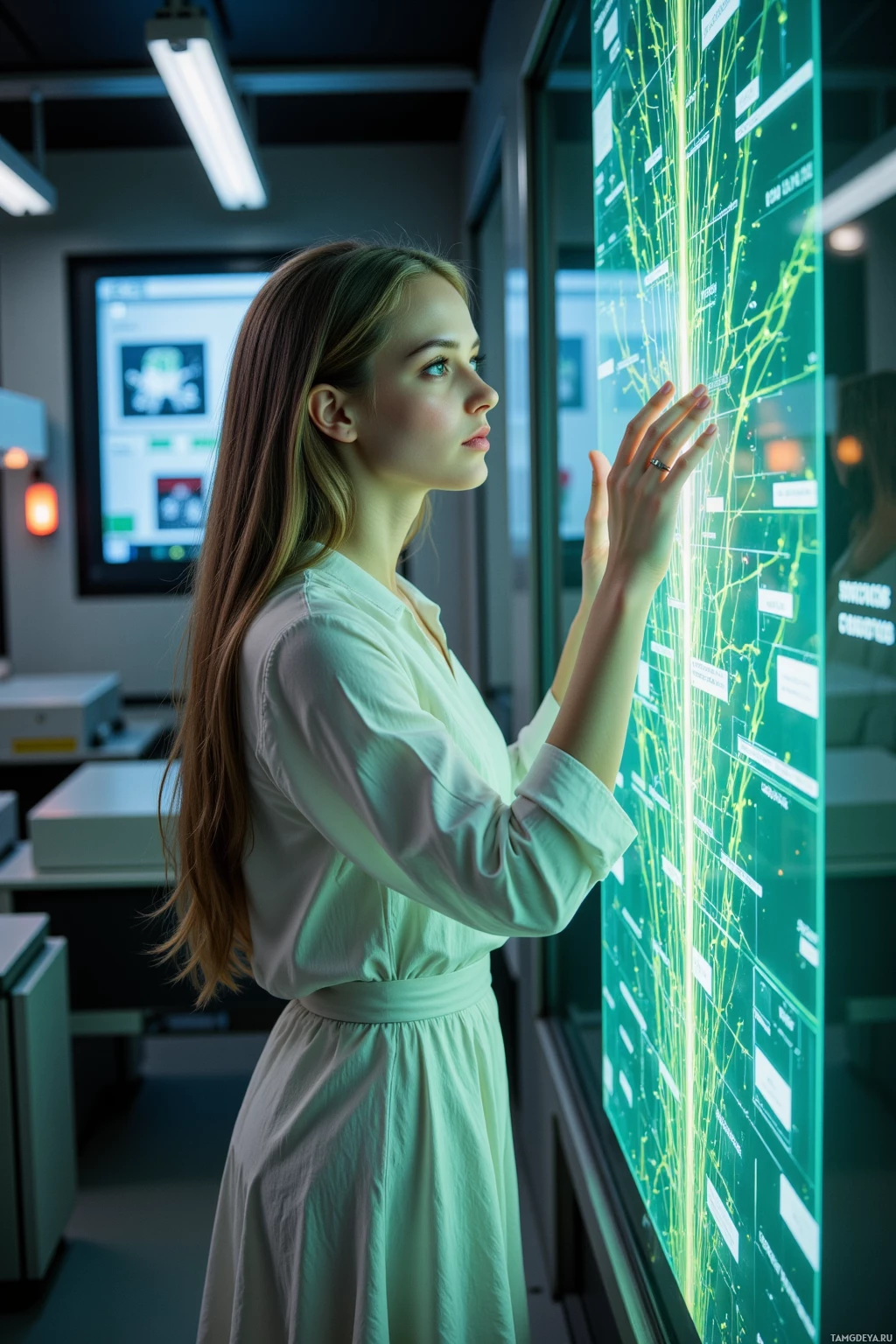 Realistic high quality photo. 26-year-old female scientist with long light brown vine-like hair and soft green eyes, pale skin, wearing a flowing dress of delicate petals fused with integrated circuits, stands in a quiet futuristic laboratory under sensor lights, gazing at a glowing fern vein pattern on the wall that pulses like code while her hands hover over holographic algorithmic overlays.