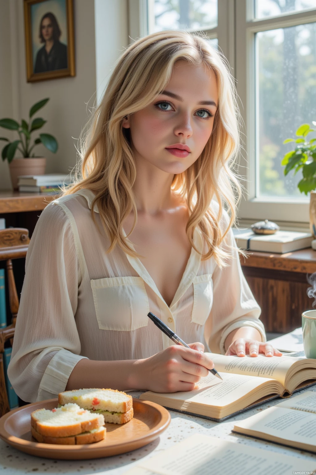 Человек сидит за столом с книгами и тарелкой с бутербродами, что-то записывая в блокнот.