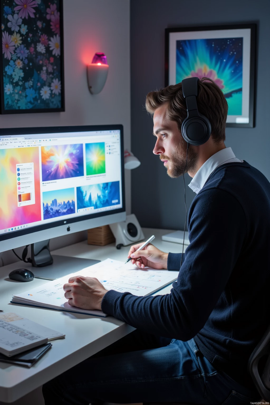 Человек в наушниках работает за столом с iMac и блокнотом, вокруг него – яркие картины на стенах.