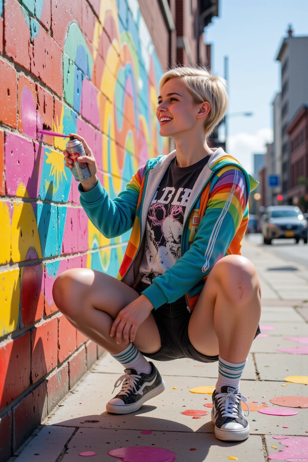 Realistic high quality photo. A 27‑year‑old woman with short platinum blonde hair, striking blue eyes, pale skin, wearing a graphic t‑shirt, colorful jacket, striped socks, and patterned sneakers, mid‑spray painting, laughing as she covers a cracked brick wall in chaotic neon curves and splashes on a busy city street under bright midday sun.