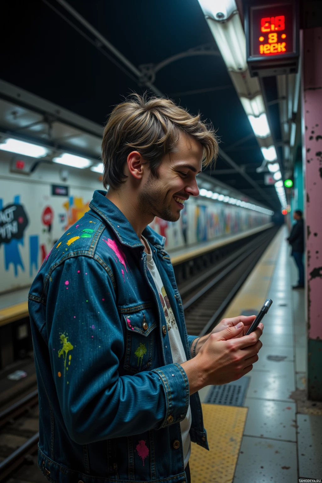 На платформе метро стоит человек, держа в руках телефон и улыбаясь.