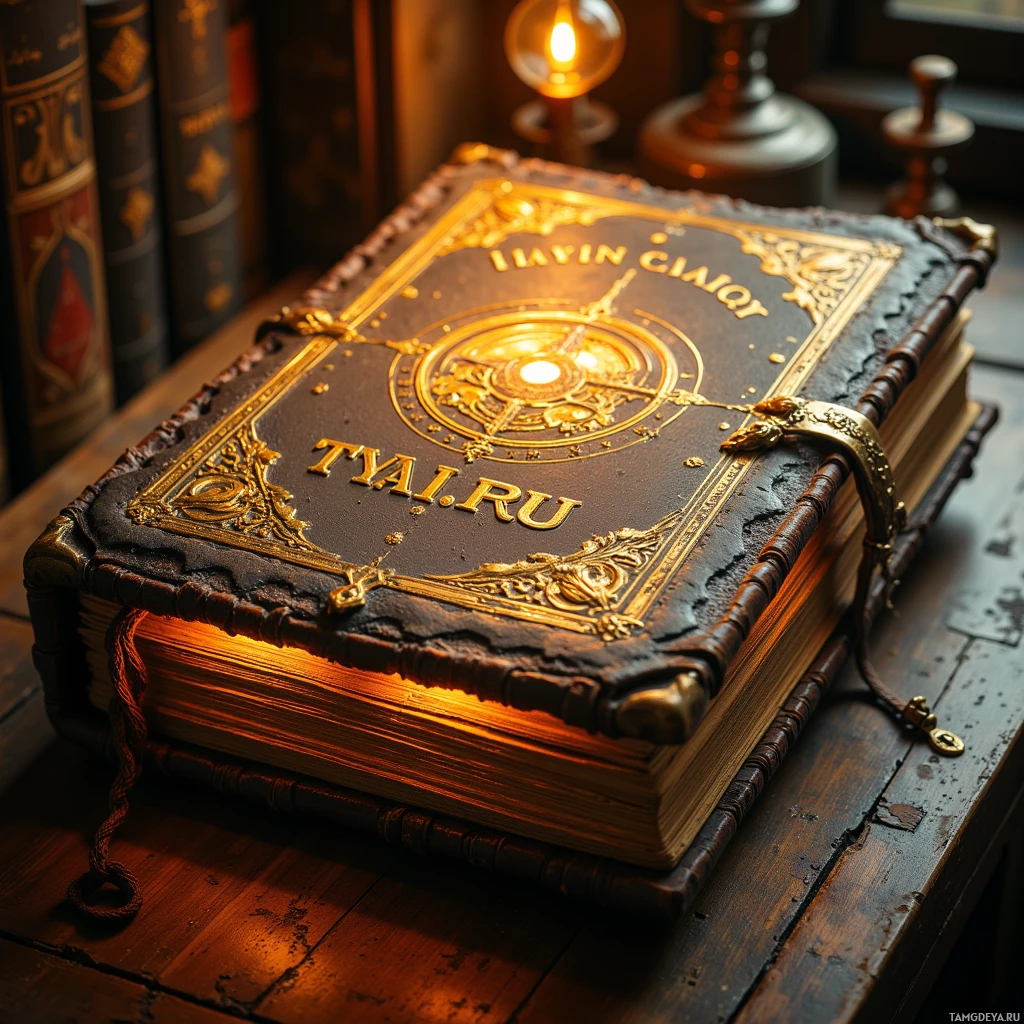 На деревянной поверхности лежит богато украшенная книга с золотым орнаментом и светящимся внутренним свечением.