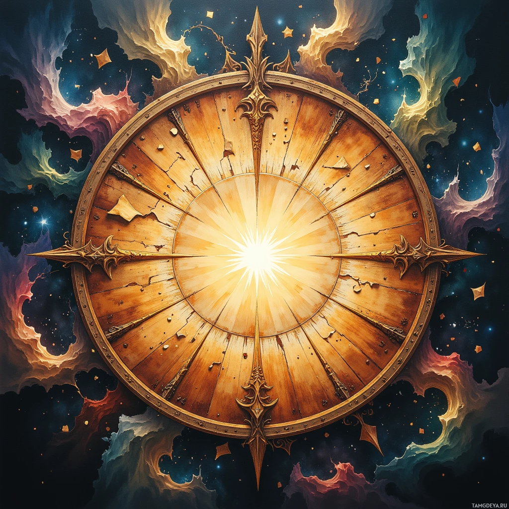 Круглый щит с замысловатыми узорами и светящимся центром на фоне космического пространства, полного завихрений облаков и звезд.