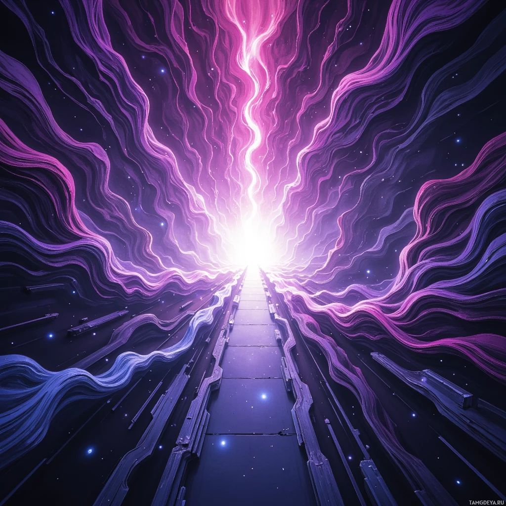 A vibrant, abstract image featuring a glowing light at the end of a tunnel surrounded by swirling, colorful patterns.