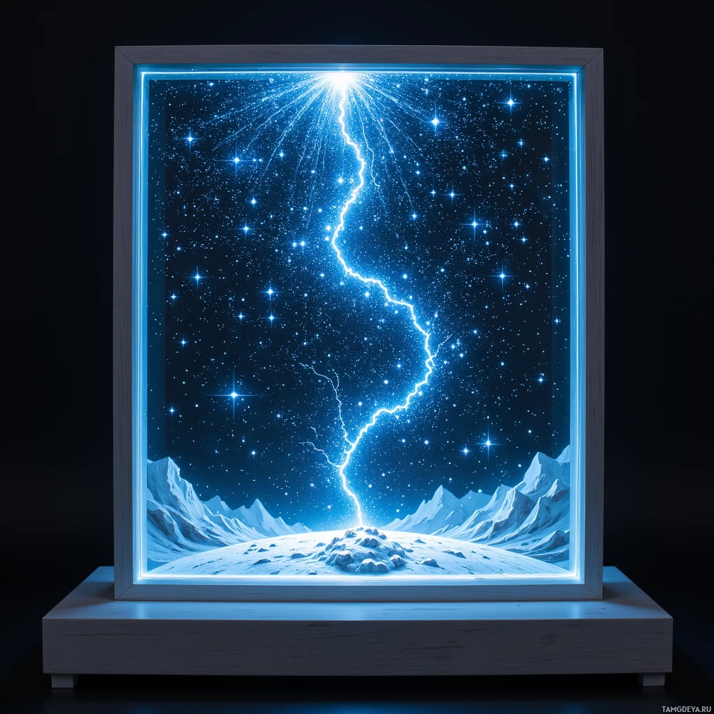 A framed artwork depicting a night sky with stars and a lightning bolt striking down over a snowy landscape.