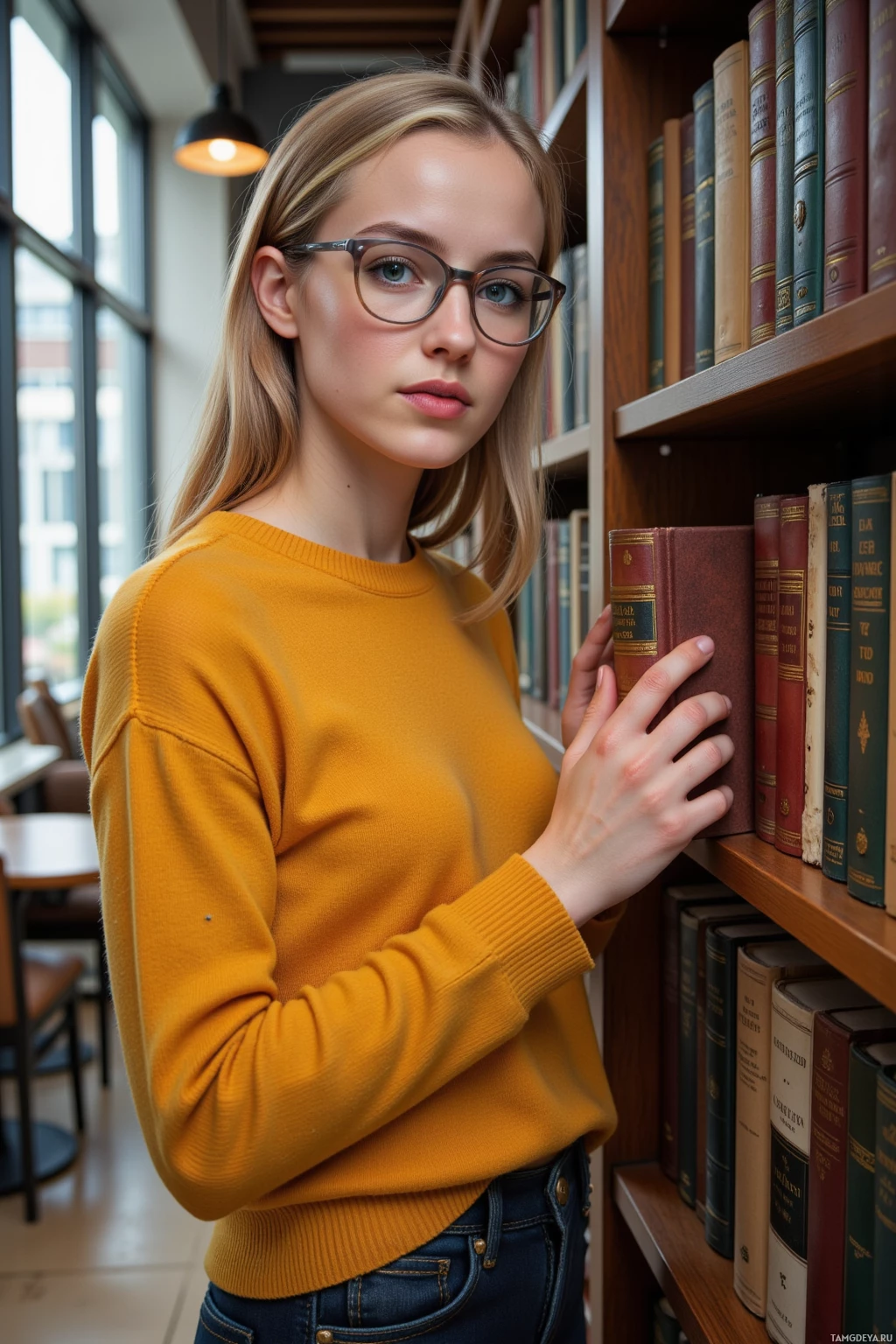 В библиотеке стоит человек в жёлтом свитере, держа в руках книгу.