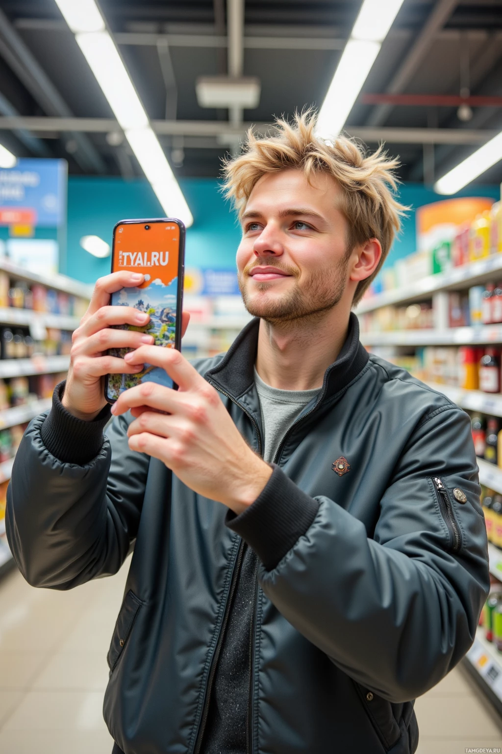 В магазине человек фотографирует на смартфон.